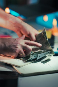 Hands counting cash over a notepad, with euro banknotes, in a busy workspace setting.